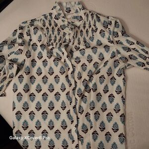 Elegant Women's Blouse with Blue and Brown Pattern